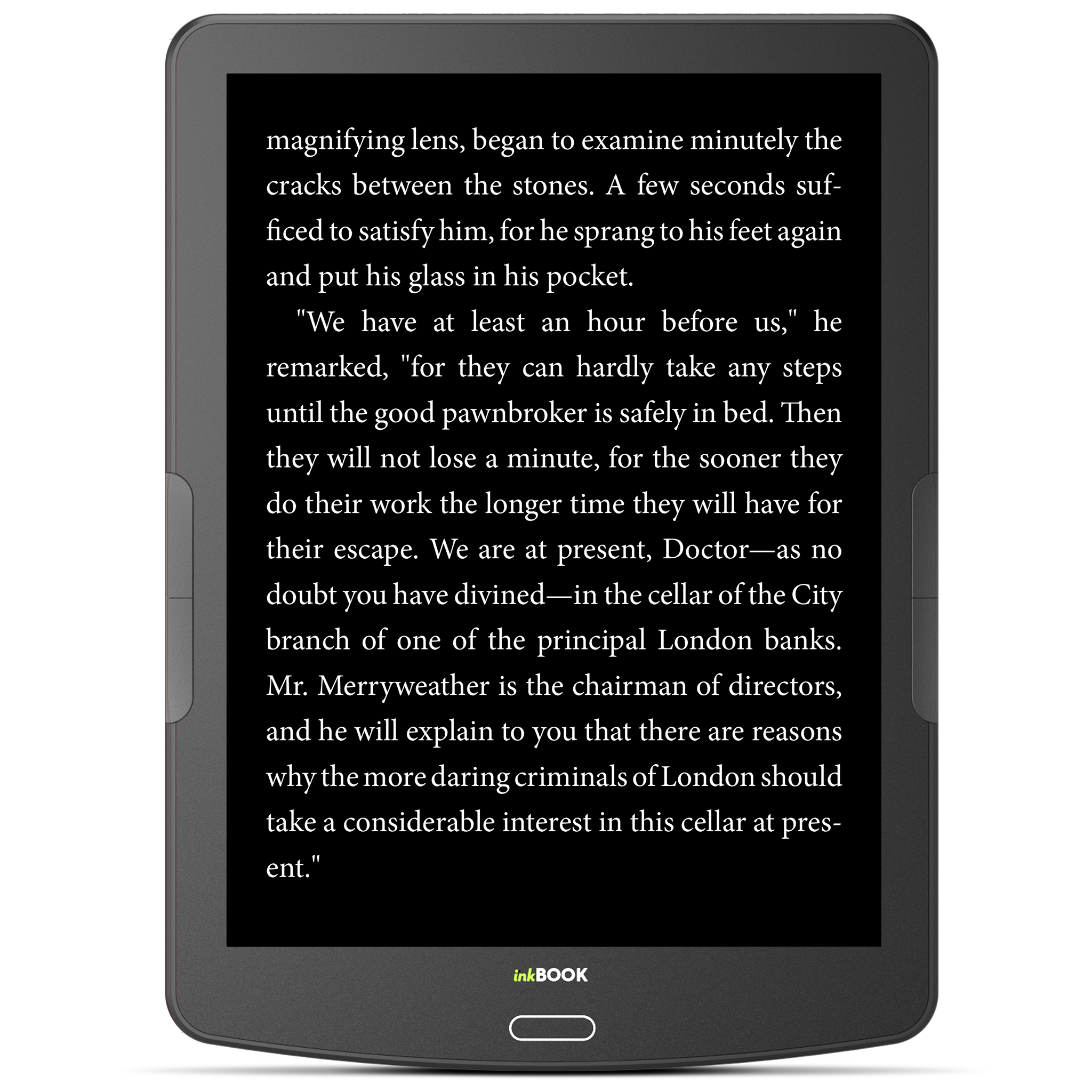 text of the book displayed on inkBOOK eReader in the dark mode